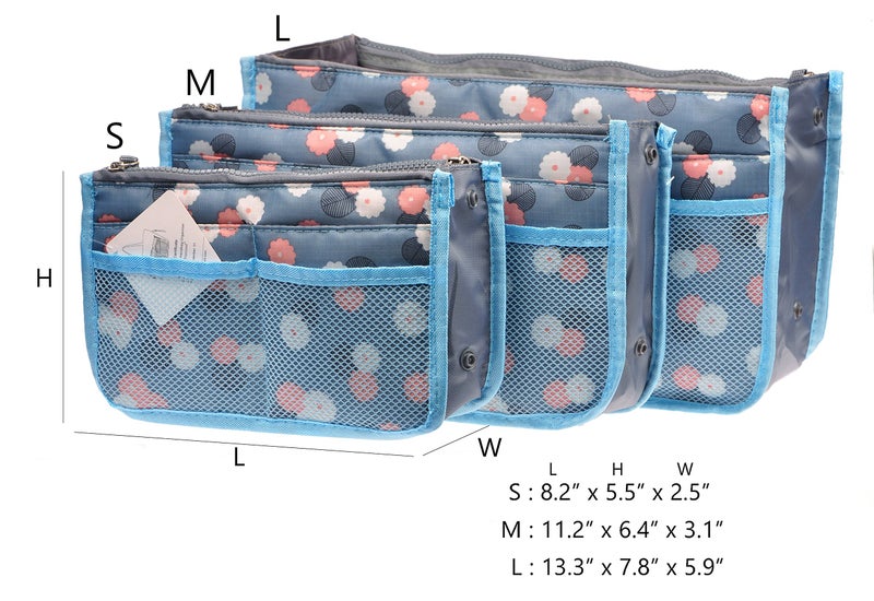 Vercord Purse Organizer Insert for Handbags Bag Organizers Inside Tote Pocketbook Women Nurse Nylon 13 Pockets Blue Flower Small - Image 3
